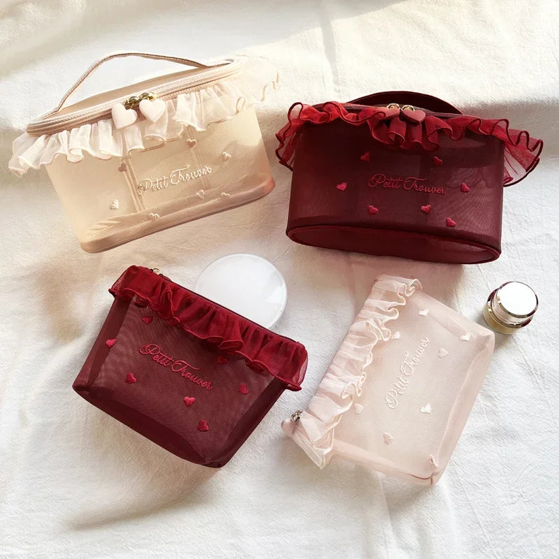 Petit Trouver Mesh Love Embroidered Lace Portable Cosmetic Makeup Bag Cute Tissuecouple gift for valentine's day products