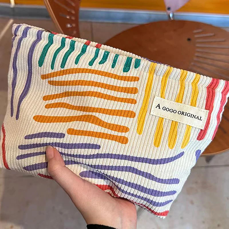 Corduroy Clash Color Striped Cosmetic Bag Wash Bag Women Travel Cosmetic Pouch Beauty Storage Cases Make Up Organizer Clutch Bag