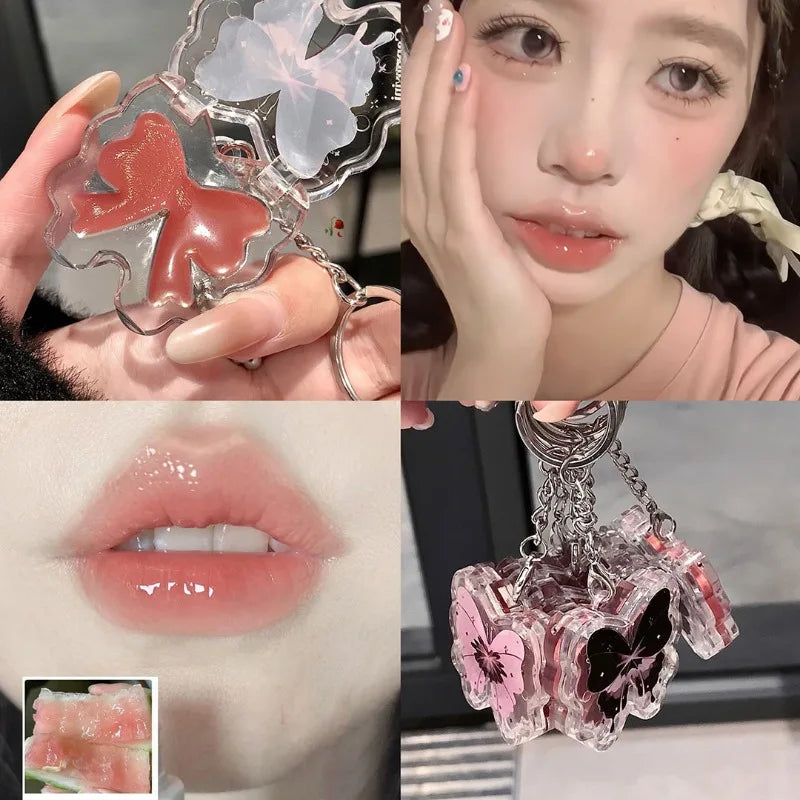 Butterflies-shape Water Gloss Lipstick Watermelon Juice Jelly Solid Lip Gloss Peach Tea Moisturizing Lip Tint Lasting Lip Makeup