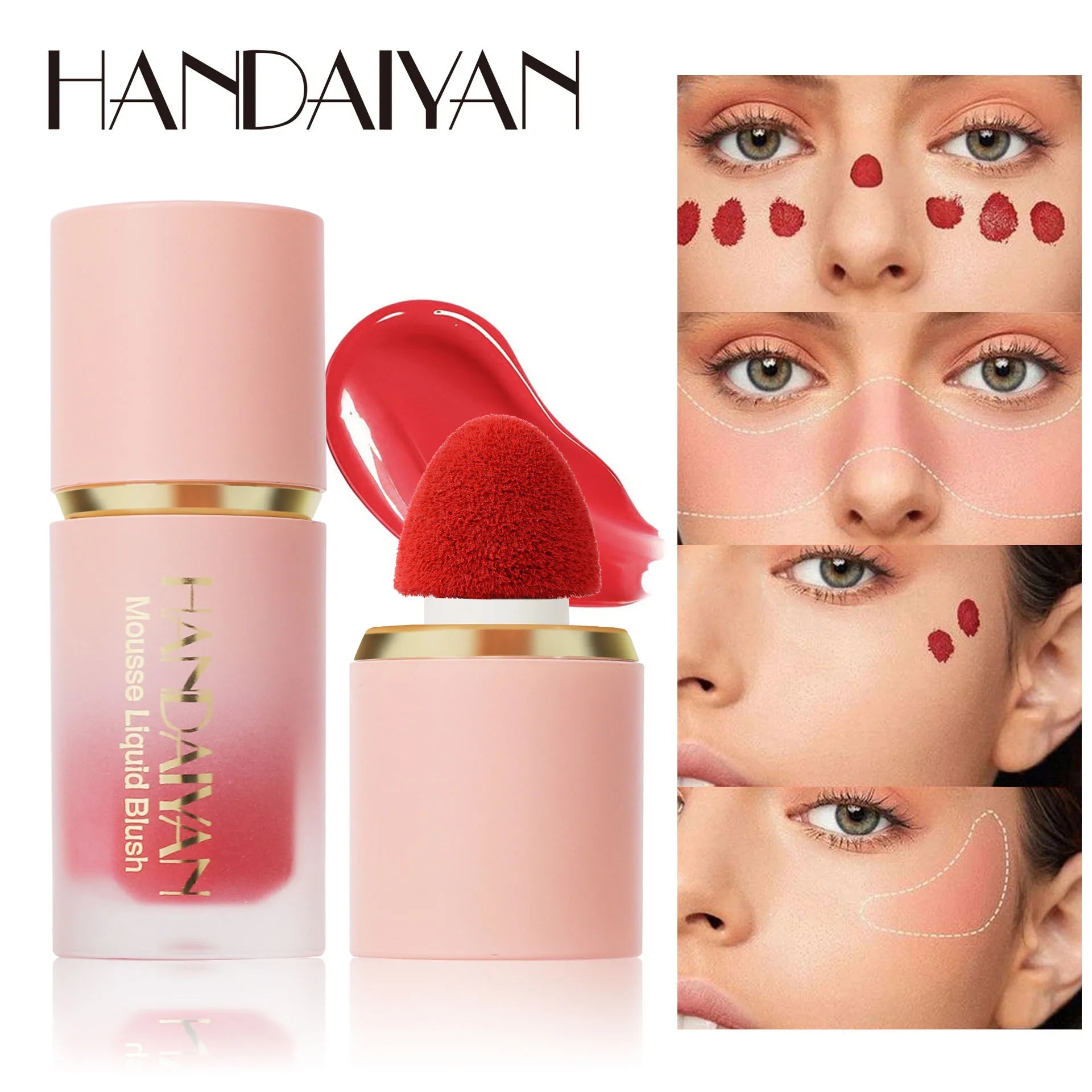 HANDAIYAN 6 Color Matte Liquid BlushEasy To Apply Lasting Waterproof Blush Sponge Brush Head Smooth Cheek Eye Mousse Blush Stick